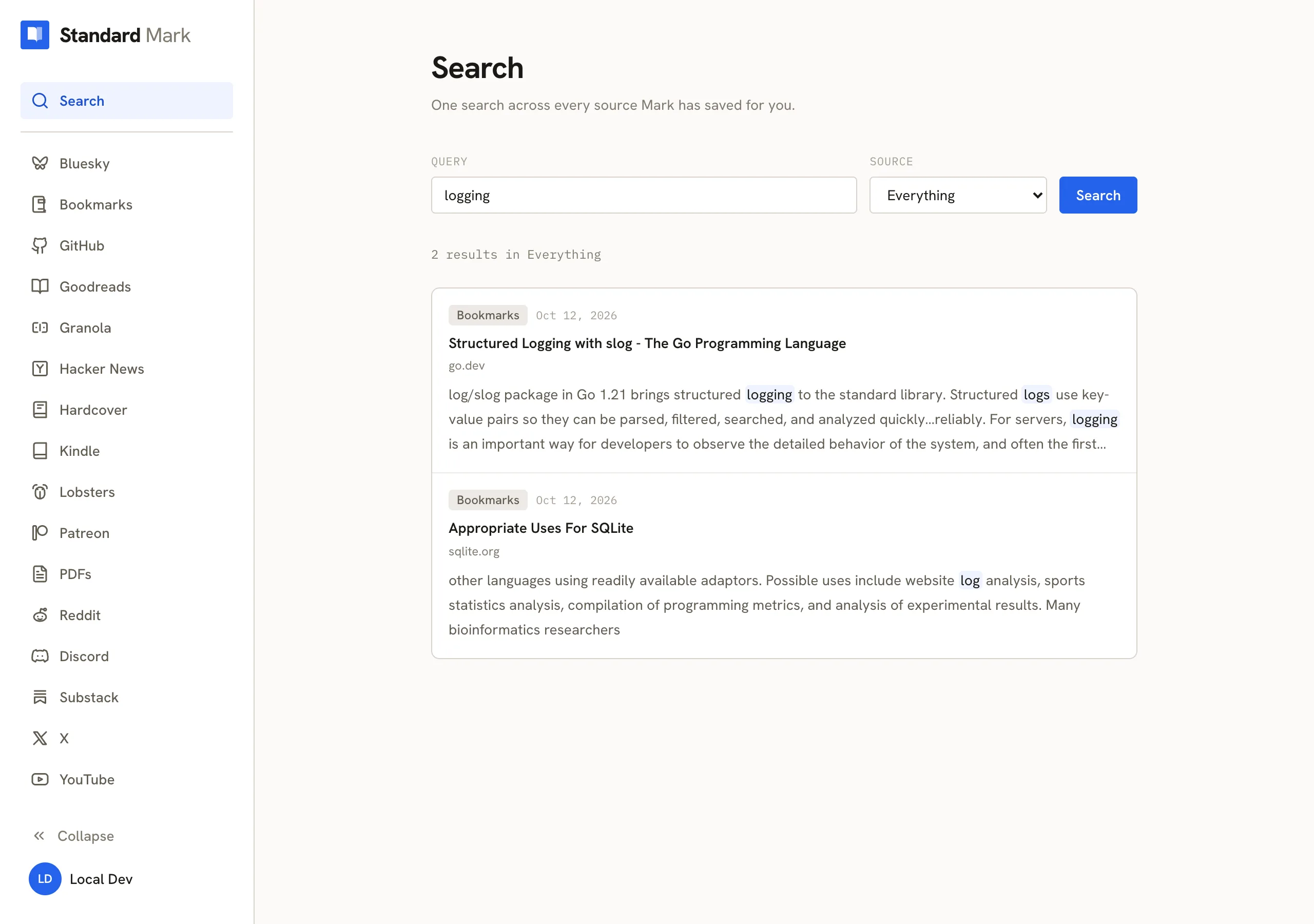 Standard Mark's library: a sidebar of connected sources beside a list of saved items.